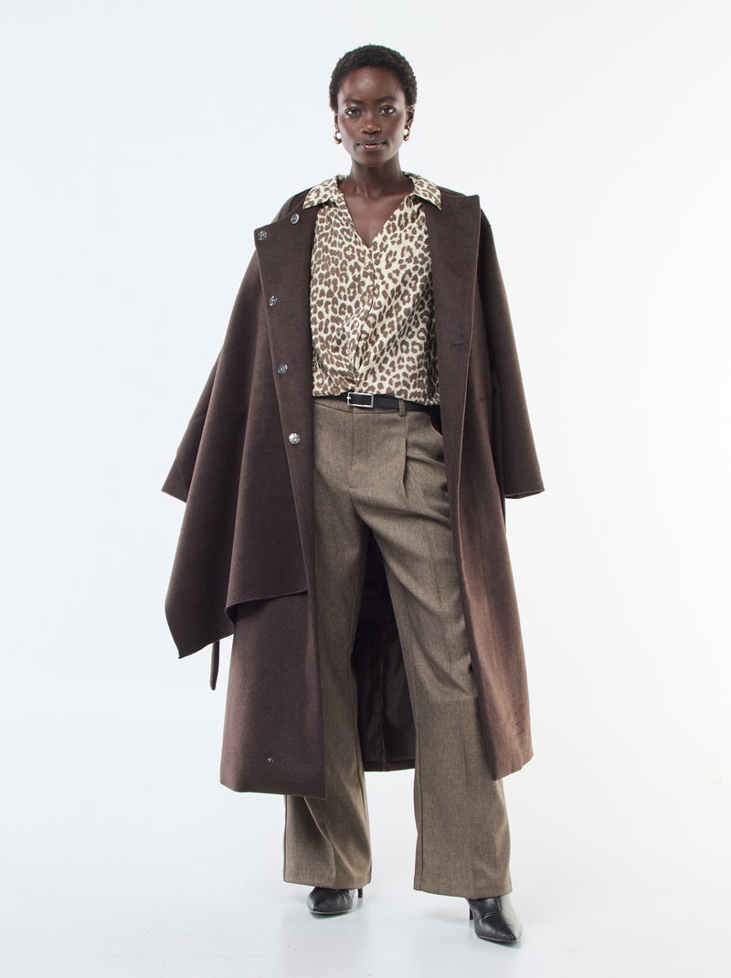 Cappotto lungo effetto lana con collo rotondo e sciarpa cucita Marrone - Kiabi