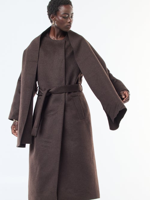 Cappotto lungo effetto lana con collo rotondo e sciarpa cucita - Kiabi