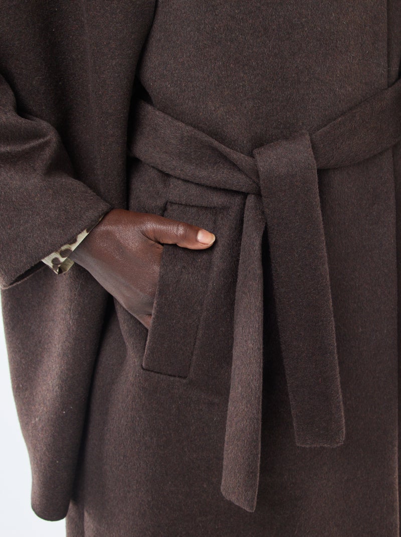 Cappotto lungo effetto lana con collo rotondo e sciarpa cucita Marrone - Kiabi