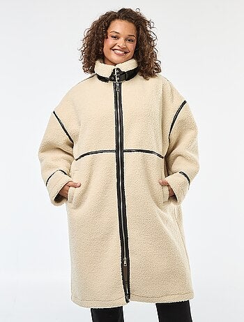 Cappotto lungo effetto montone con inserti in similpelle