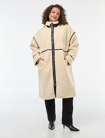 Cappotto lungo effetto montone con inserti in similpelle