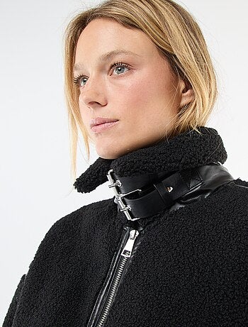 Cappotto lungo effetto montone con inserti in similpelle