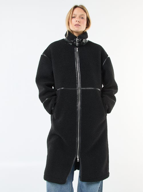 Cappotto lungo effetto montone con inserti in similpelle - Kiabi