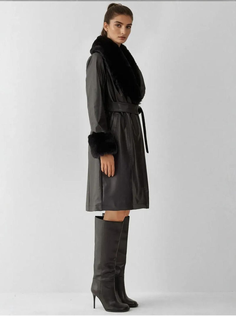 Cappotto lungo in ecopelle con collo a scialle bdart Nero - Kiabi