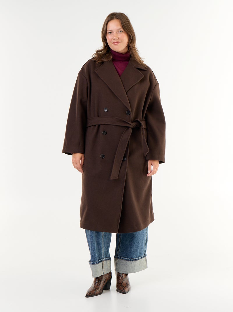 Cappotto lungo in finta lana con collo a revers Marrone - Kiabi