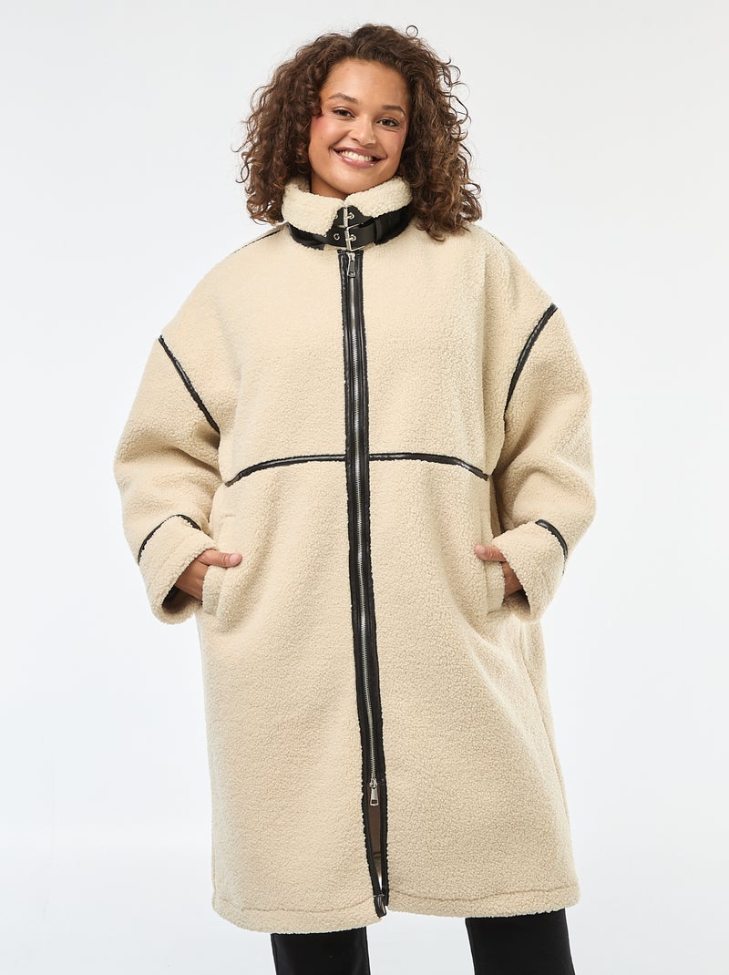 Cappotto lungo in finta lana con inserti in similpelle Beige - Kiabi
