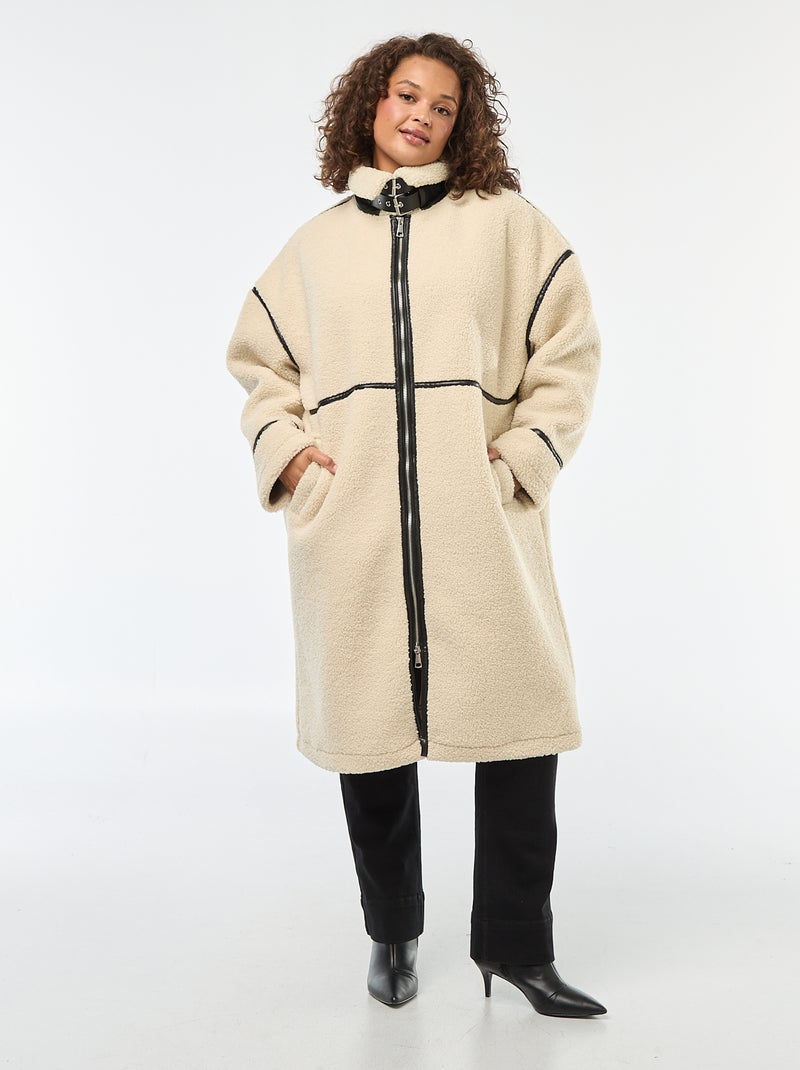 Cappotto lungo in finta lana con inserti in similpelle Beige - Kiabi