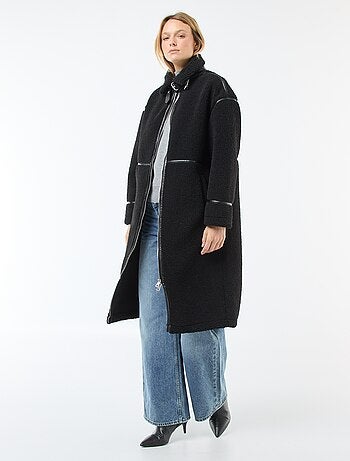 Cappotto lungo in finta lana con inserti in similpelle