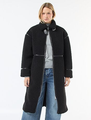 Cappotto lungo in finta lana con inserti in similpelle