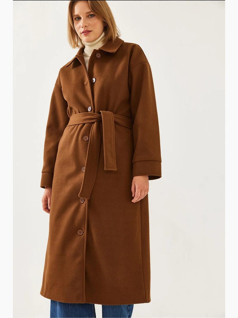 Cappotto lungo in lana con cintura lucci Marrone cioccolato - Kiabi