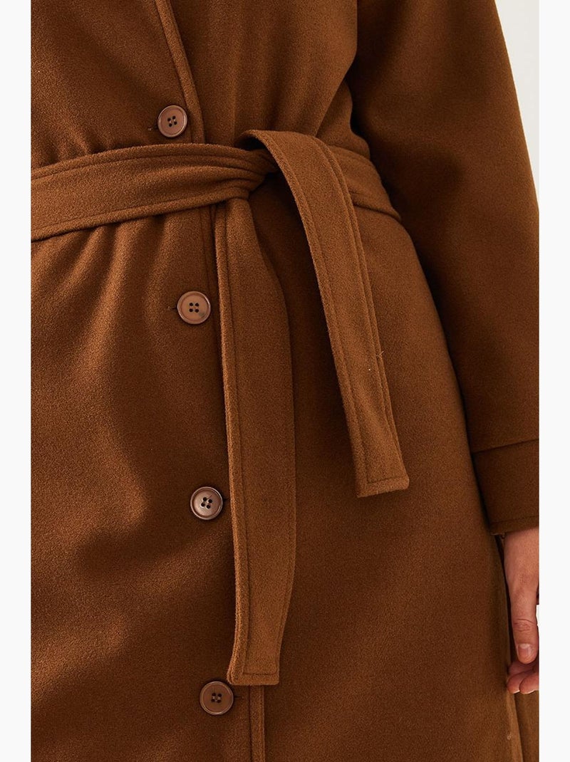 Cappotto lungo in lana con cintura lucci Marrone cioccolato - Kiabi
