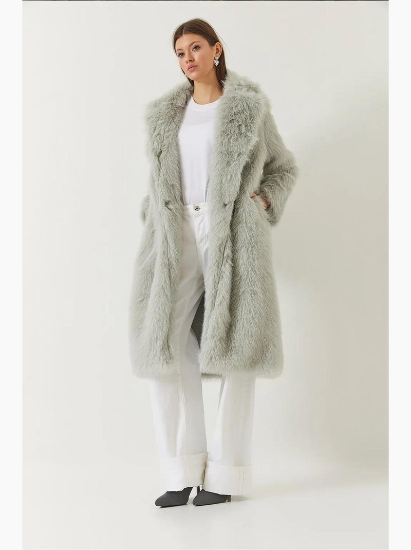 Cappotto lungo in pelliccia sintetica con collo a scialle lucci Grigio perla - Kiabi