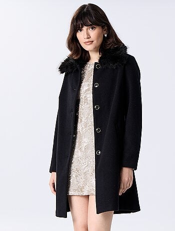 Cappotto midi in finto panno di lana con collo in ecopelliccia