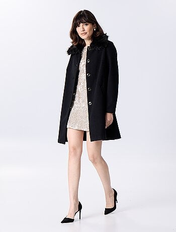 Cappotto midi in finto panno di lana con collo in ecopelliccia