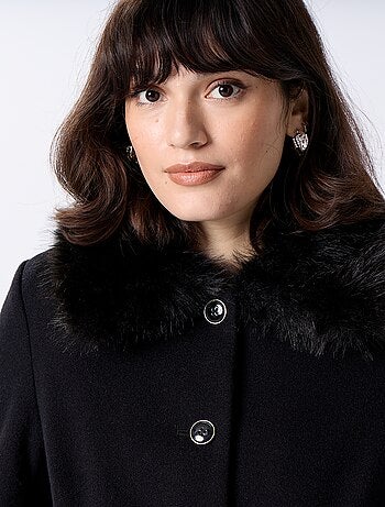 Cappotto midi in finto panno di lana con collo in ecopelliccia