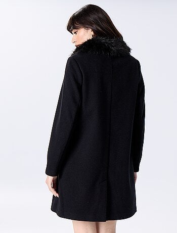 Cappotto midi in finto panno di lana con collo in ecopelliccia