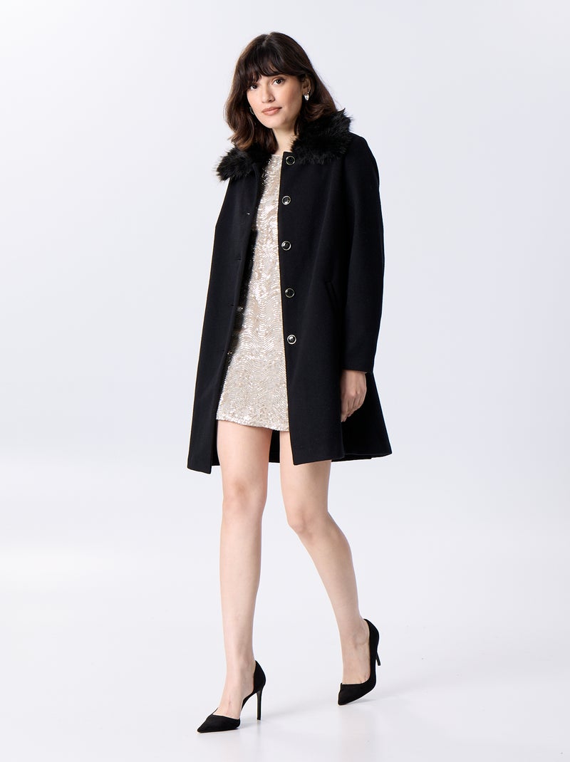 Cappotto midi in finto panno di lana con collo in ecopelliccia Nero - Kiabi