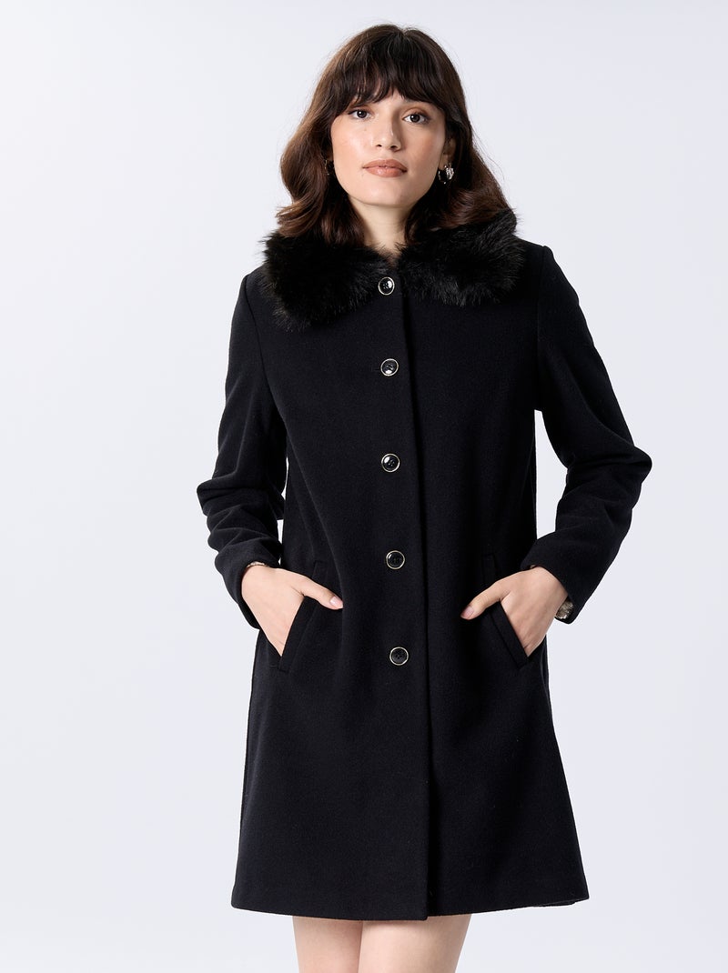 Cappotto midi in finto panno di lana con collo in ecopelliccia Nero - Kiabi