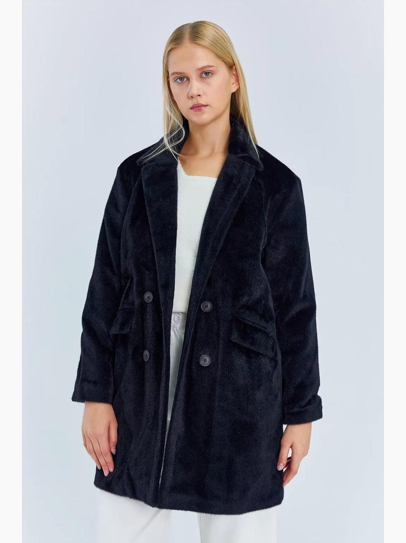 Cappotto midi spesso in peluche con bottoni e colletto da giacca mixray Nero - Kiabi