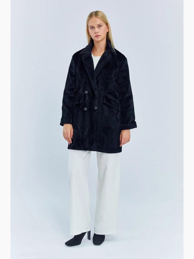 Cappotto midi spesso in peluche con bottoni e colletto da giacca mixray Nero - Kiabi