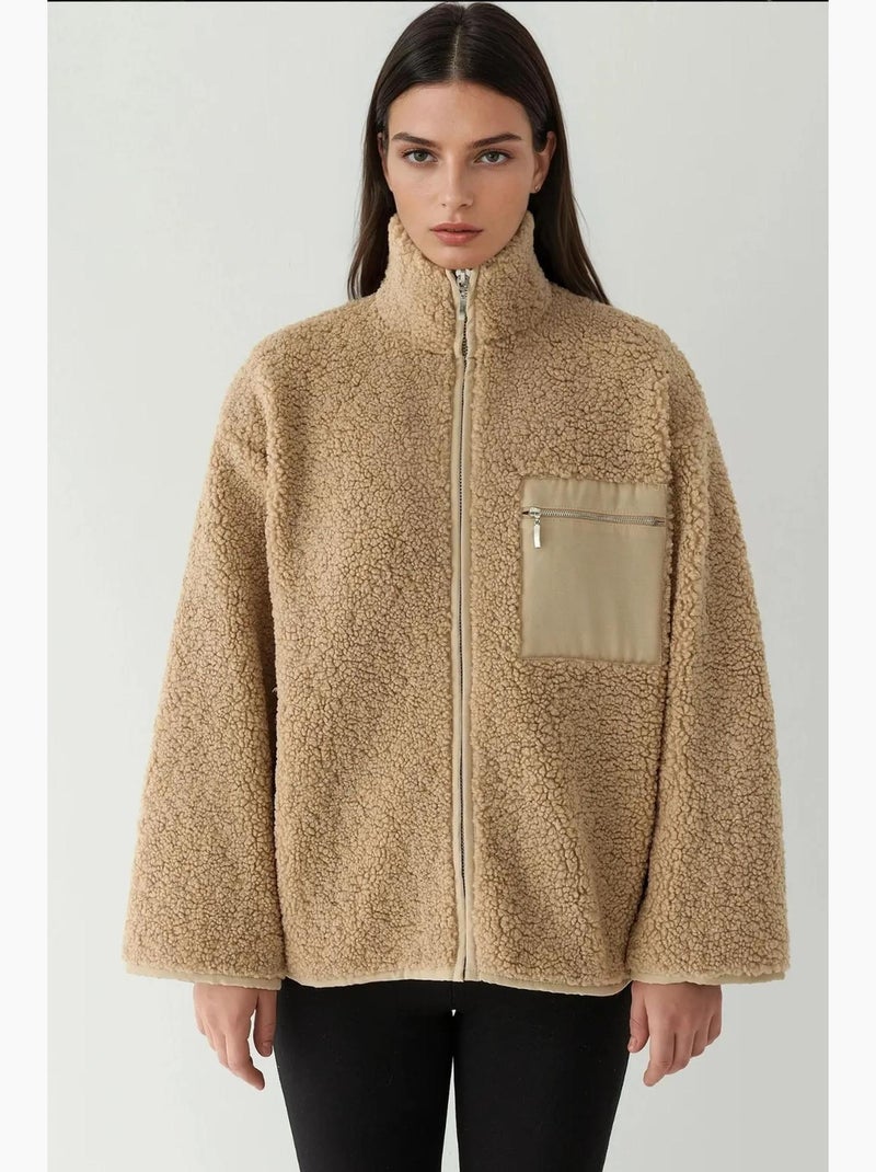 Cappotto oversize in peluche con colletto con zip hiccup Cammello - Kiabi