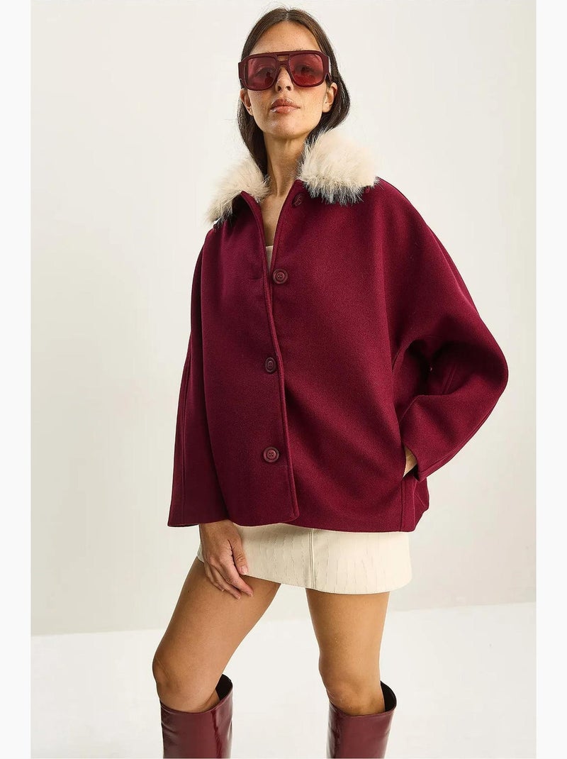 Cappotto oversize in peluche con colletto in pelliccia lucci Rosso bordeaux - Kiabi