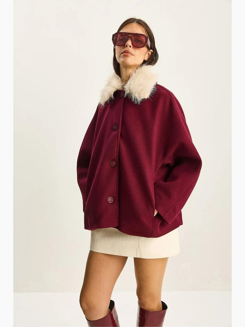 Cappotto oversize in peluche con colletto in pelliccia lucci Rosso bordeaux - Kiabi