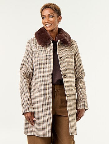 Cappotto pied de poule con collo in ecopelliccia