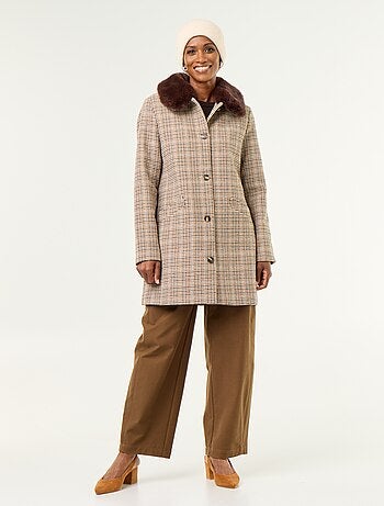 Cappotto pied de poule con collo in pelliccia sintetica