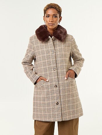 Cappotto pied de poule con collo in pelliccia sintetica