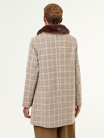 Cappotto pied de poule con collo in pelliccia sintetica