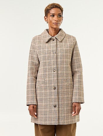 Cappotto pied de poule con collo in pelliccia sintetica