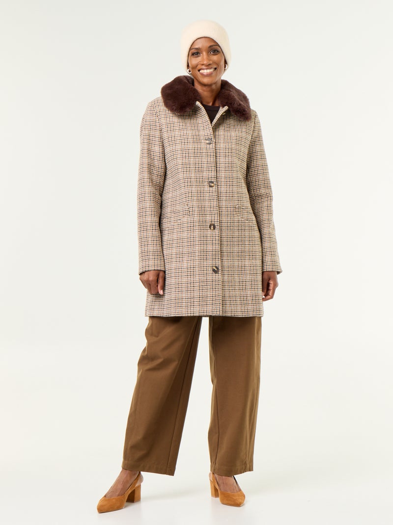 Cappotto pied de poule con collo in pelliccia sintetica Marrone - Kiabi