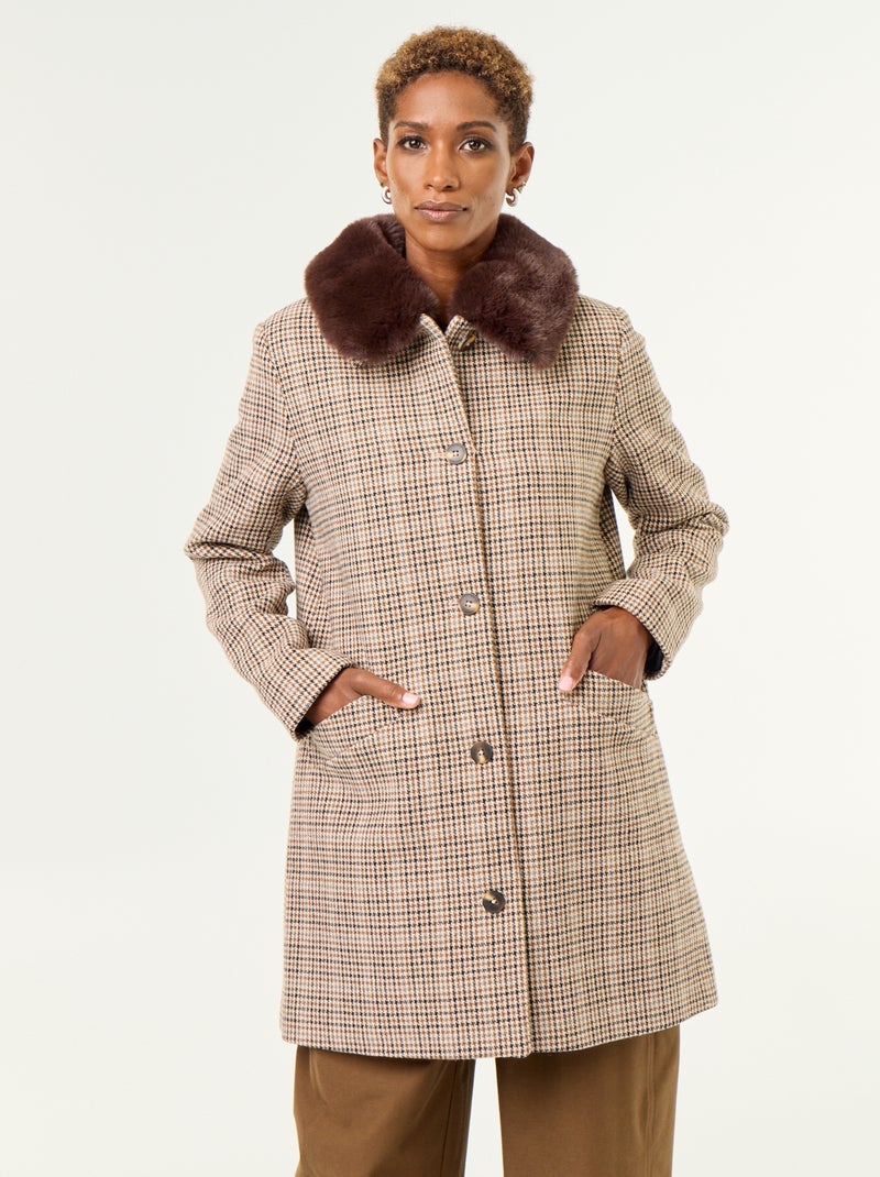 Cappotto pied de poule con collo in pelliccia sintetica Marrone - Kiabi