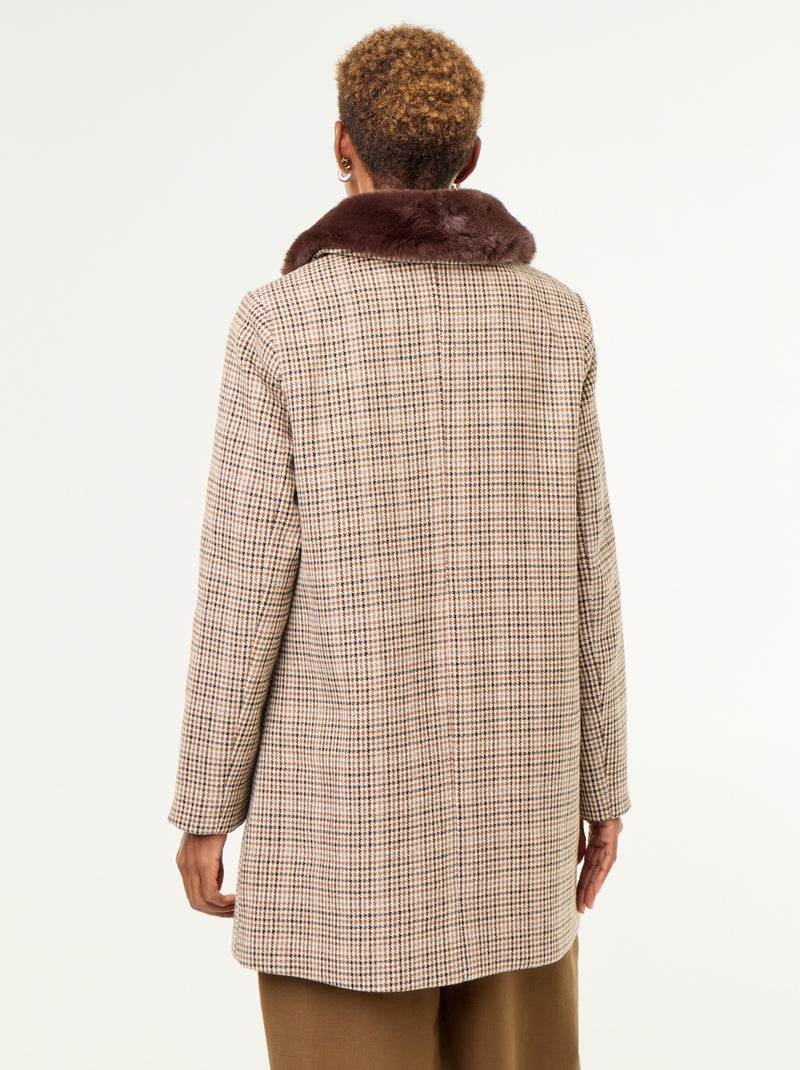 Cappotto pied de poule con collo in pelliccia sintetica Marrone - Kiabi