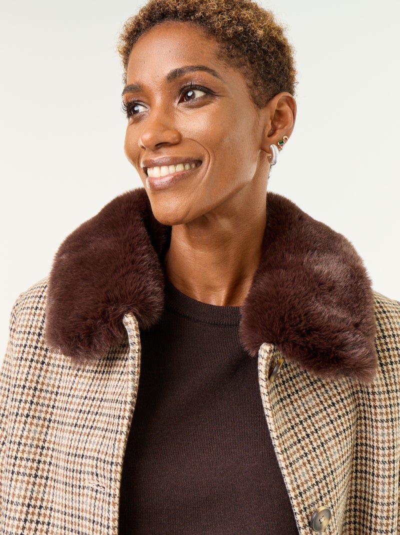 Cappotto pied de poule con collo in pelliccia sintetica Marrone - Kiabi