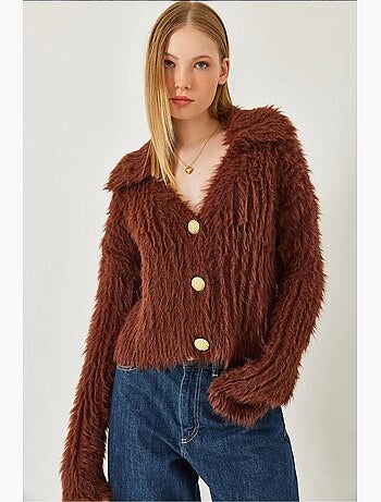 Cardigan a collo alto con bottoni dorati e effetto pelliccia sintetica lucci
