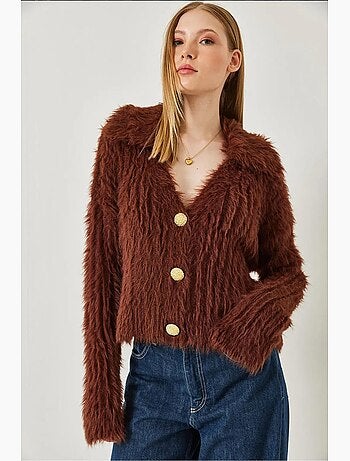 Cardigan a collo alto con bottoni dorati e effetto pelliccia sintetica lucci