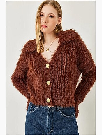Cardigan a collo alto con bottoni dorati e effetto pelliccia sintetica lucci