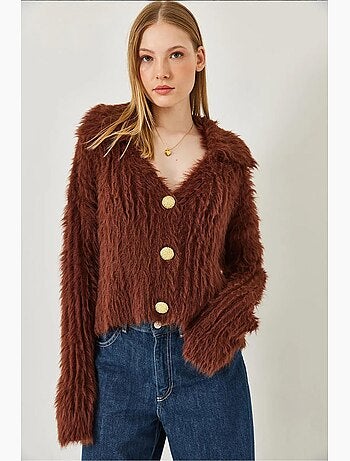 Cardigan a collo alto con bottoni dorati e effetto pelliccia sintetica lucci