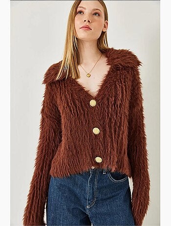 Cardigan a collo alto con bottoni dorati e effetto pelliccia sintetica lucci