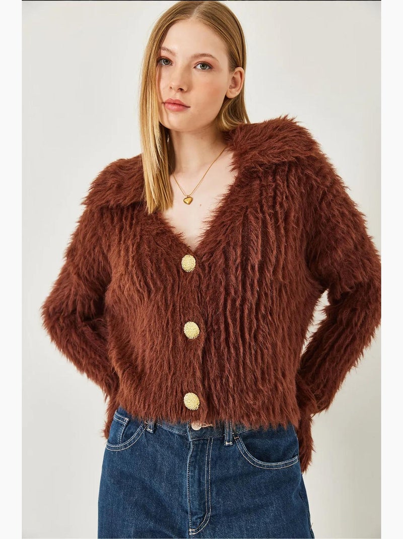 Cardigan a collo alto con bottoni dorati e effetto pelliccia sintetica lucci Marrone cioccolato - Kiabi