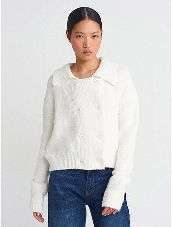 Cardigan a coste con colletto polo e bottoni