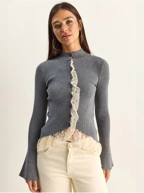 Cardigan a coste con mezzo collo alto lucci - Kiabi Cardigan a coste con mezzo collo alto lucci - Kiabi