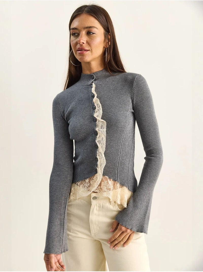 Cardigan a coste con mezzo collo alto lucci Grigio - Kiabi