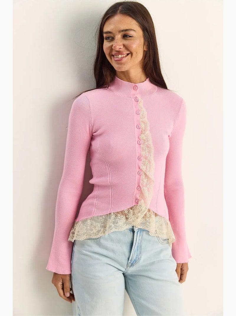 Cardigan a coste con mezzo collo alto lucci Rosa chiaro - Kiabi