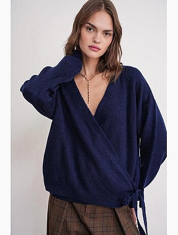 Cardigan a coste con scollo a v e laccetto frontale mixray