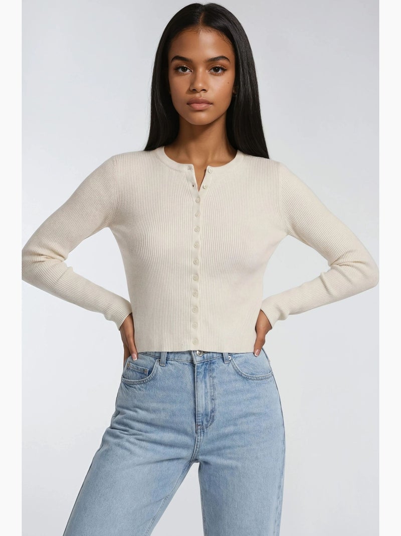 Cardigan a costine slim fit con bottoni mixray Beige - Kiabi