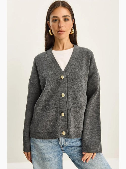 Cardigan a costine spesse con scollo a v e chiusura con bottoni lucci - Kiabi Cardigan a costine spesse con scollo a v e chiusura con bottoni lucci - Kiabi