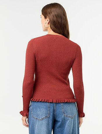 Cardigan a costine tinta unita con finiture a volant